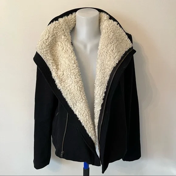 Gap Jacket Black Wool Blend Moto Winter Coat with Faux Vegan Shearling Trim Sz L - Picture 3 of 16